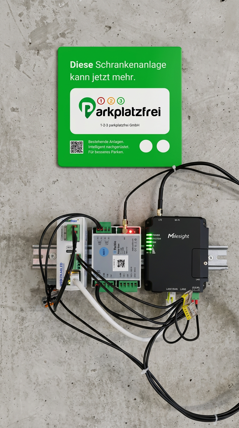 Parkplatzfrei Brain: IoT-Relais mit Milesight-Router auf Hutschiene montiert
